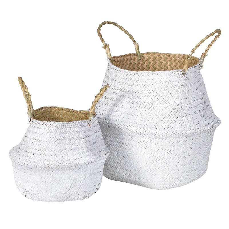 White Grass Baskets - set 2 / Smaller H:23cm Dia:27cm & Larger H: 36cm Dia: 38cm