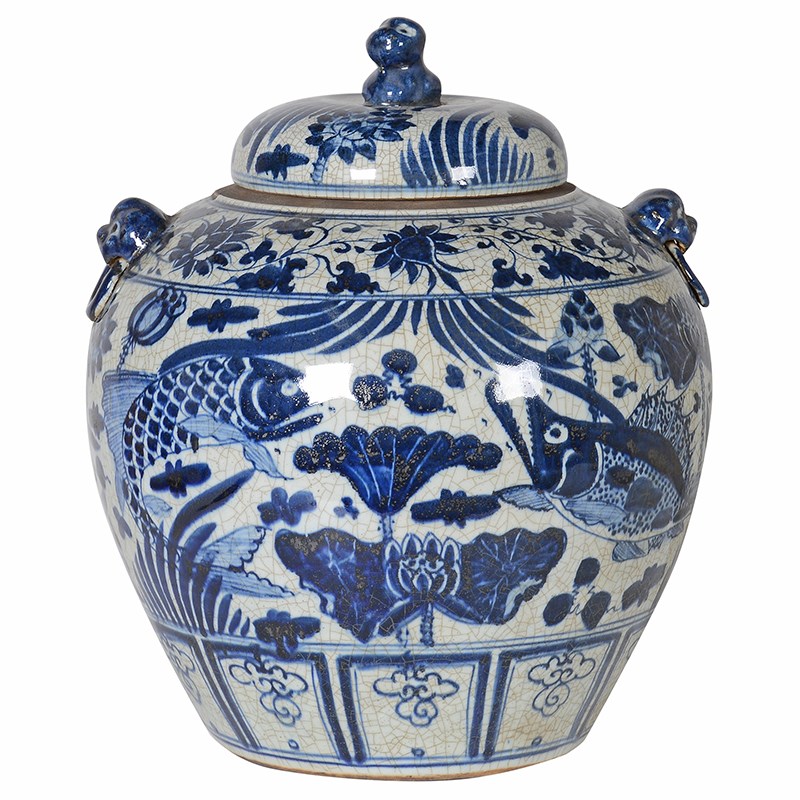 Blue and White Glazed Fish Pot / Dims: H: 430mm Dia: 350mm